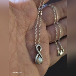 Sterling  Silver 925 Infinity Necklace with Real Pearl Sz 16"
